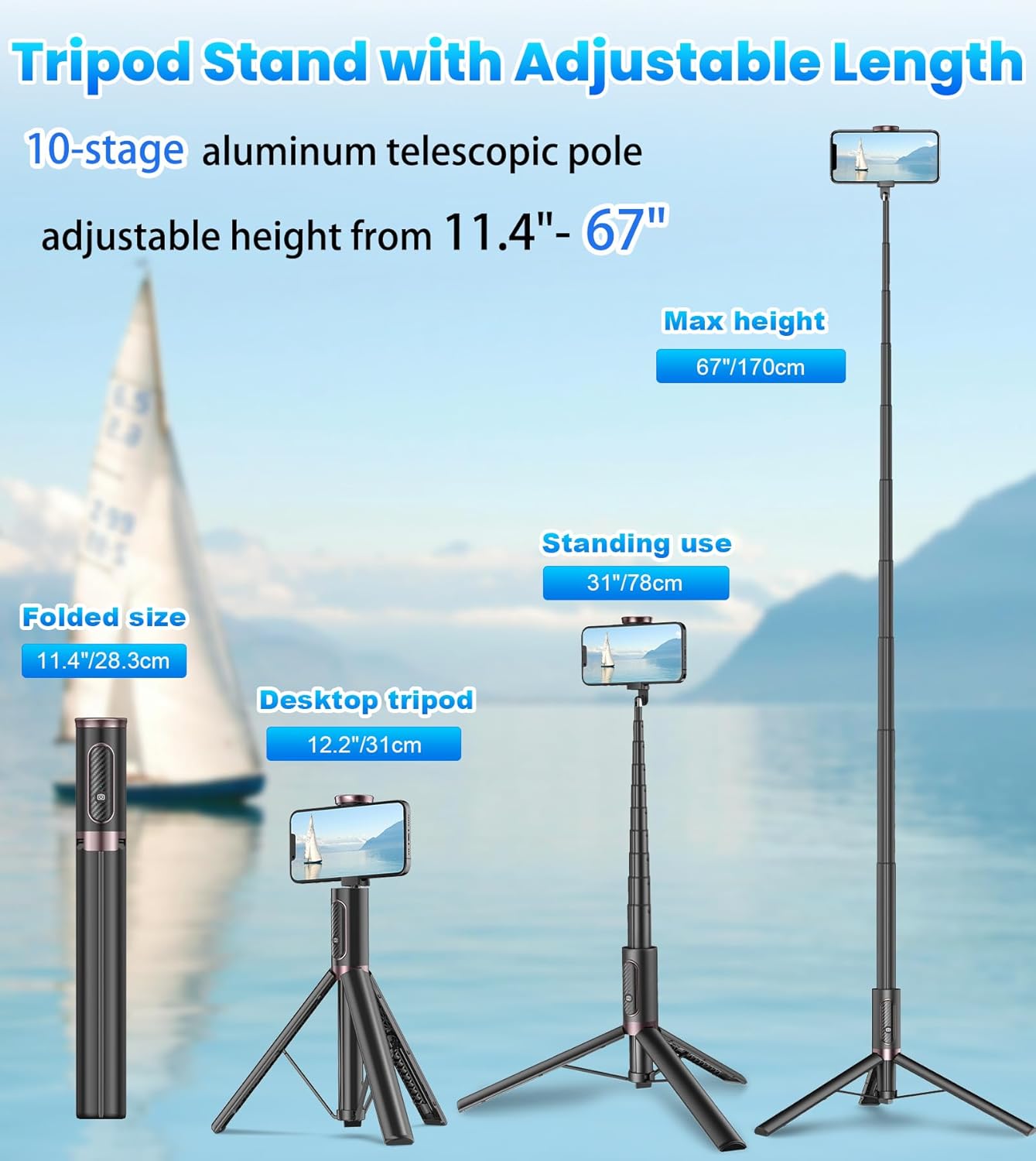 67-inch Selfie Stick Tripod with Remote (Black) - Image 3